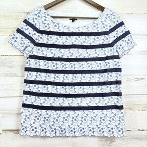 Talbots Womens Top Sz 10 White Blue‎ Floral Embroidered Ribbon Trim Short Sleeve